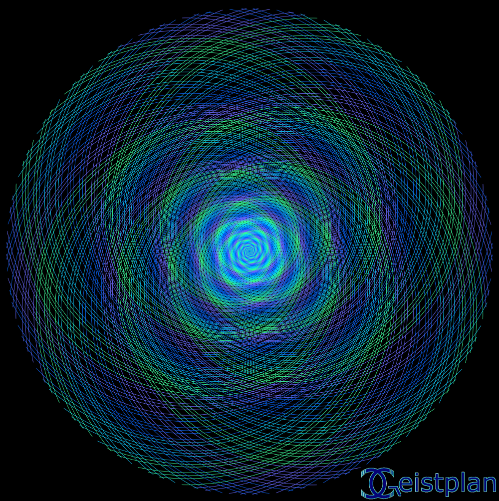 Bild von sehr vielen blau grün und lilanen filigranen Fibonacci Spiralen. Zur Mitte fokussierend.