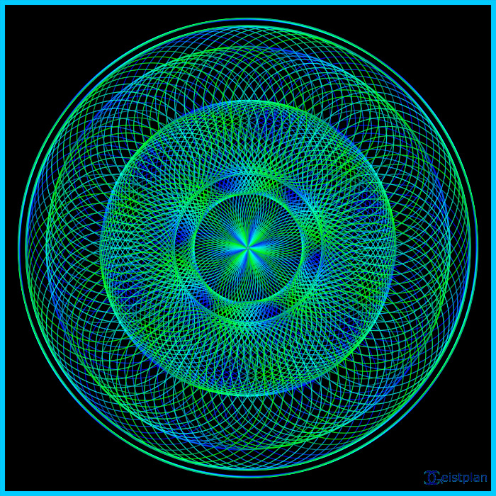 Blaugrüne inenderliegende heilige Geometrie Tori, recht komplexes dark background dunkler Hintergrund psychodelisches Mandala, für Goapartys geegnet.