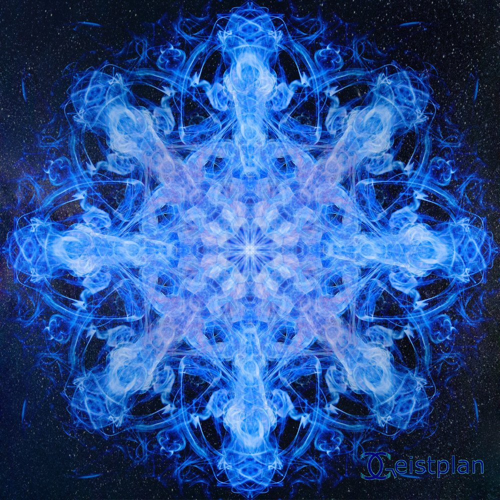 Bild von einem psychodelischen Mandala oder dark background wallpaper, psychodelic mandala. Universum mit Sternen und dunkel bis hellblau leuchtenden kosmischen Farben.