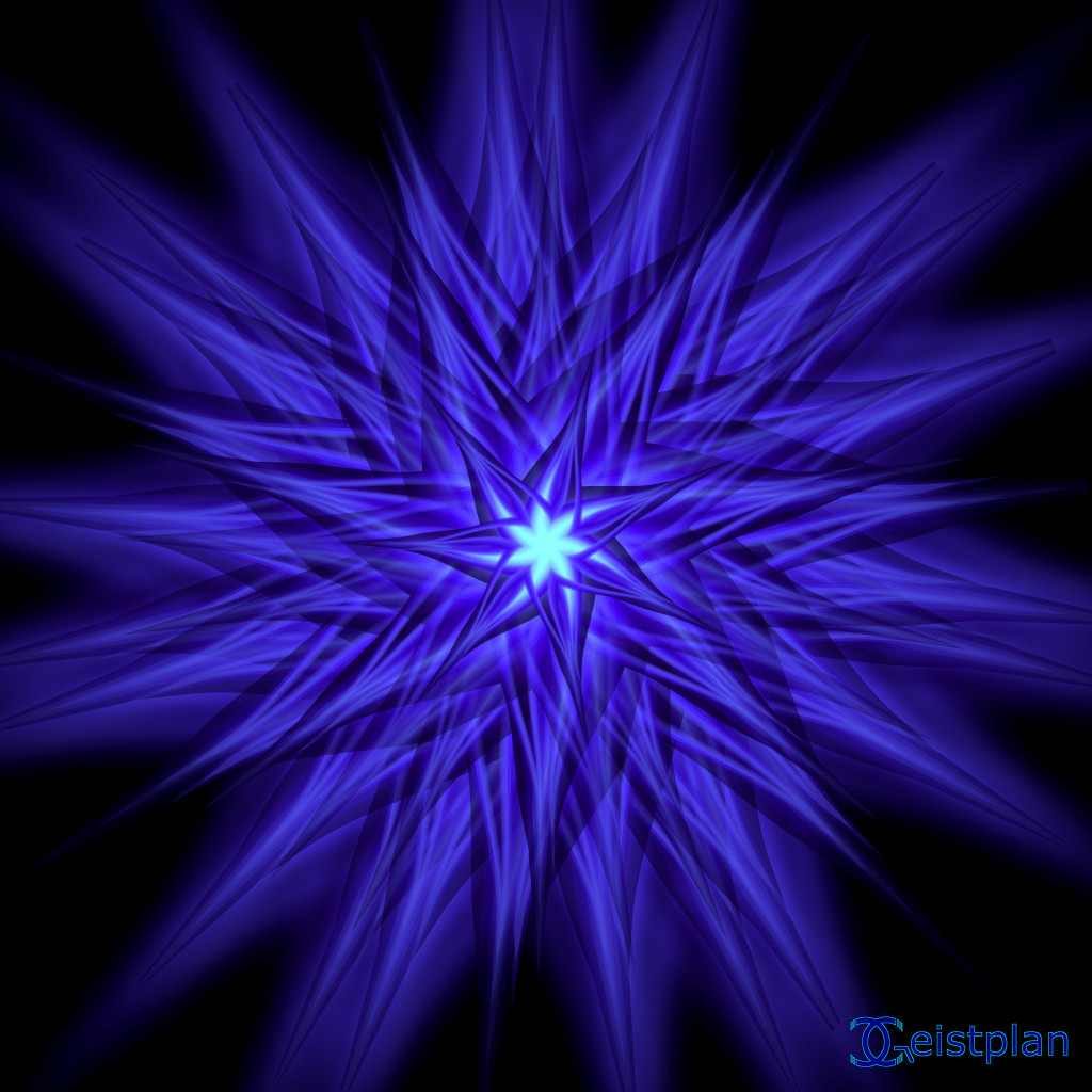 Mandala von Geistplan ("der Seelenstern"). Bild von einem 7 strahligen Stern. Dunkler Hintergrund psychodelisches Mandala. Dark background psychodelic mandala or wallpaper. Mehrere Sterne räumlich aufeineander, dunkles lila