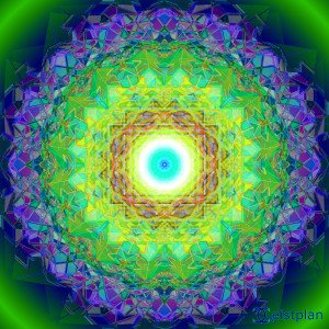 Mandala von Geistplan (Kristall der Tiefe). Komplexe Kristallstruktur als Mandala, welche eine räumliche Wirkung haben. In der Mitte leuchtend ausen dark background, Wallpaper, psychodelisches Mandala oder Enrgiebidl, Goa