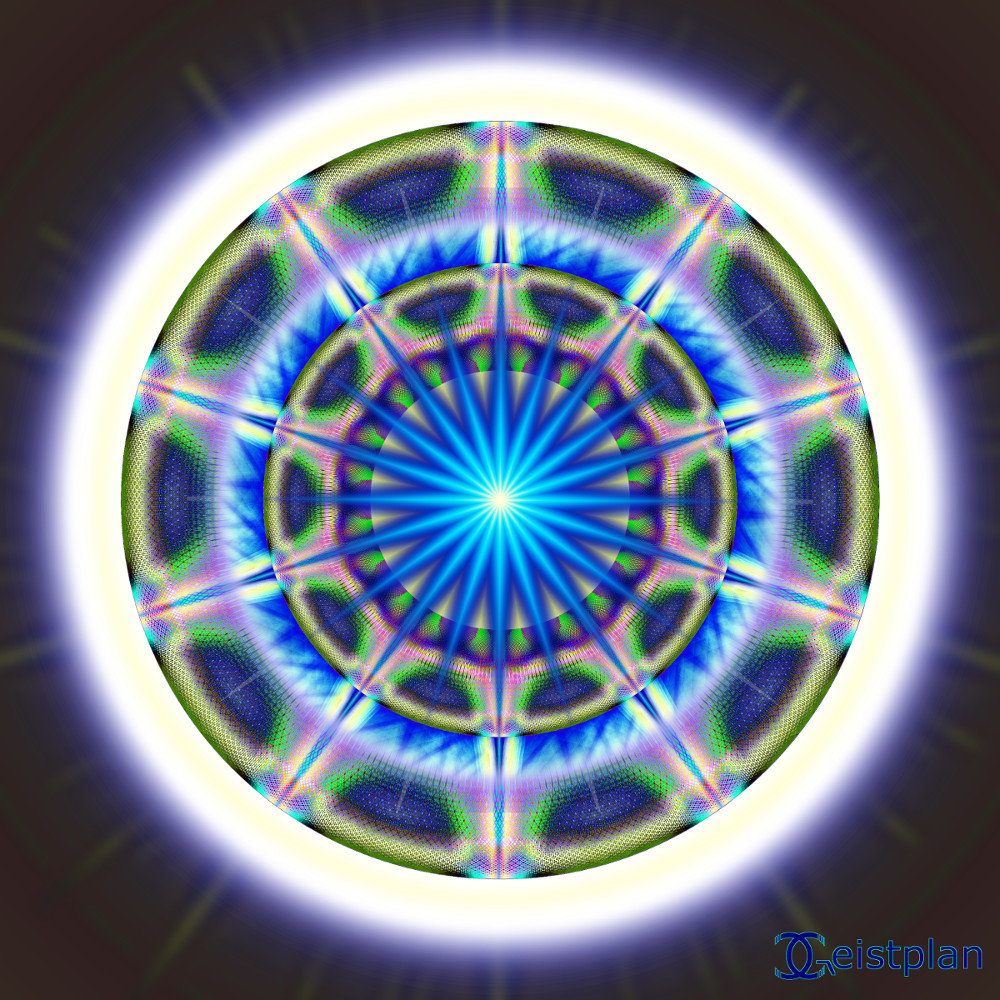 Mandala von Geistplan (Mandala der Aufmerksamkeit), psychodelisches mandala, black background, leuchtender komplexer Torus mit starker Wirkung. Kräftig, mächtig. psychodelic mandala goa
