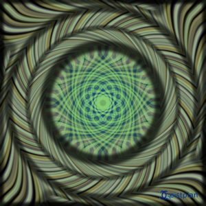 Mandala von Geistplan (Nostalgie). Grüne dreidimensional wirkende Scheiben aufeinander. Psychodelisches goabild