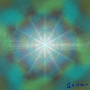 Energiebild als Leuchtendes Energiebild Download der Energiebilder, kosmisch leuchtendes Grün mit Blau und psychodelisch leuchtende Blume des Lebens im Universum mit Sternen