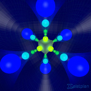 Ein psychodelisches Mandala oder Energiebild mit dem Titel "Tanz der Atome". Ein würfel welcher mit grün und Blau leuchtenden Kugeln angestrahlt wird. In einer art trichterfärmigen Verknüpfung