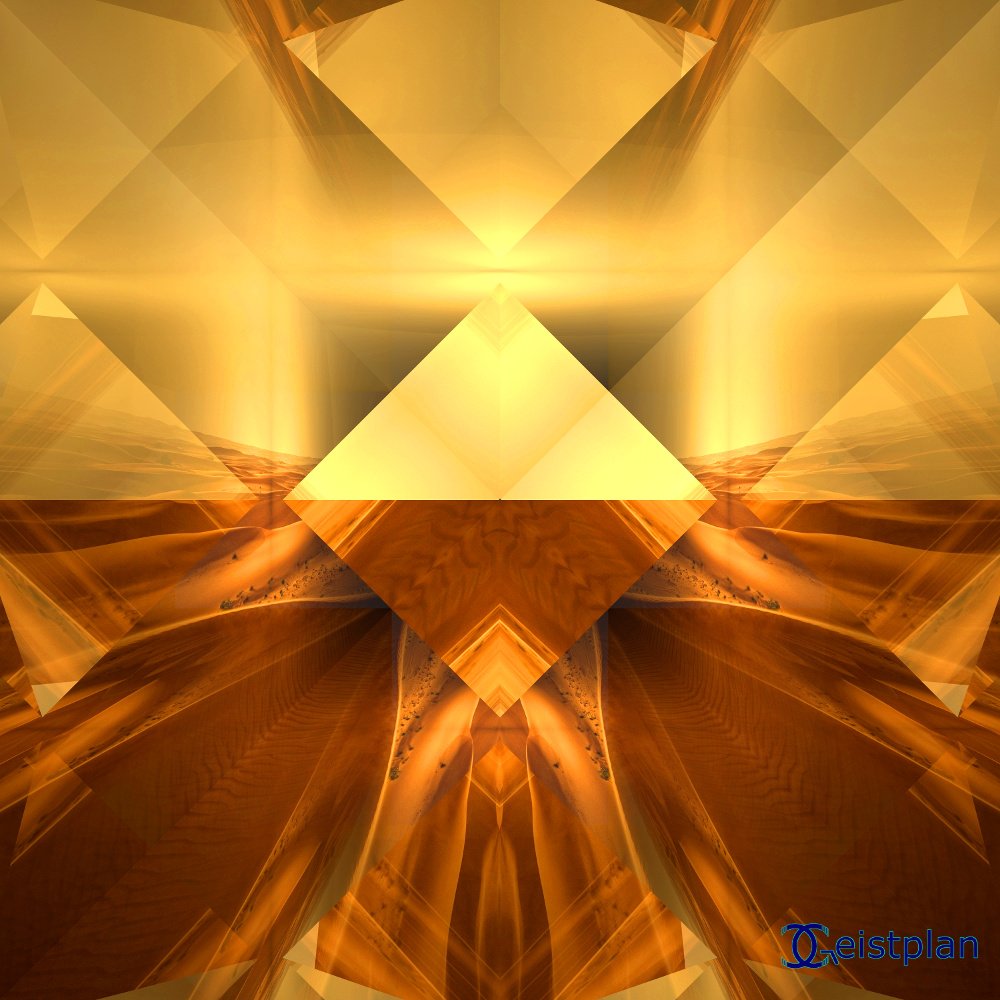 Bild oder Energiebild, Mandala von Pyramiden oder Oktaeder die sich im Wüstensand spiegeln. Alles ist in goldenen Farben.