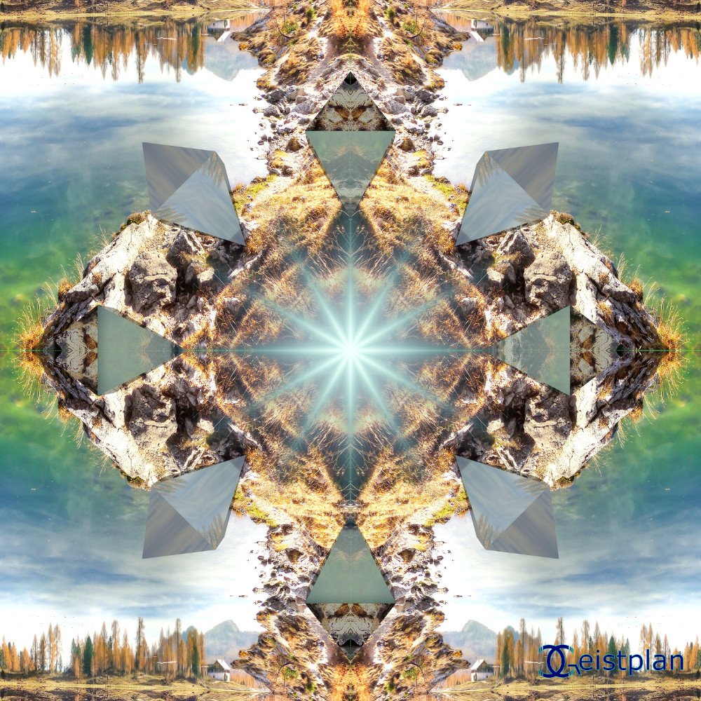 Bild von einem Mandala mit einem See und Natur und acht Oktaeder