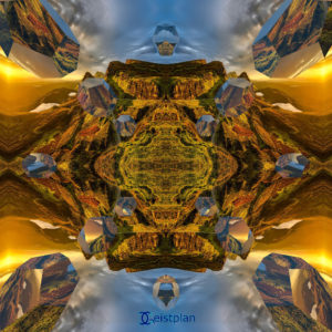 Bild von einer digitalen Kunst als Mandala. Verspiegelte Doedekaeder spiegeln eine schöne 3 Dimensionale Landschaft.Die Faszination der heiligen Geometrie.