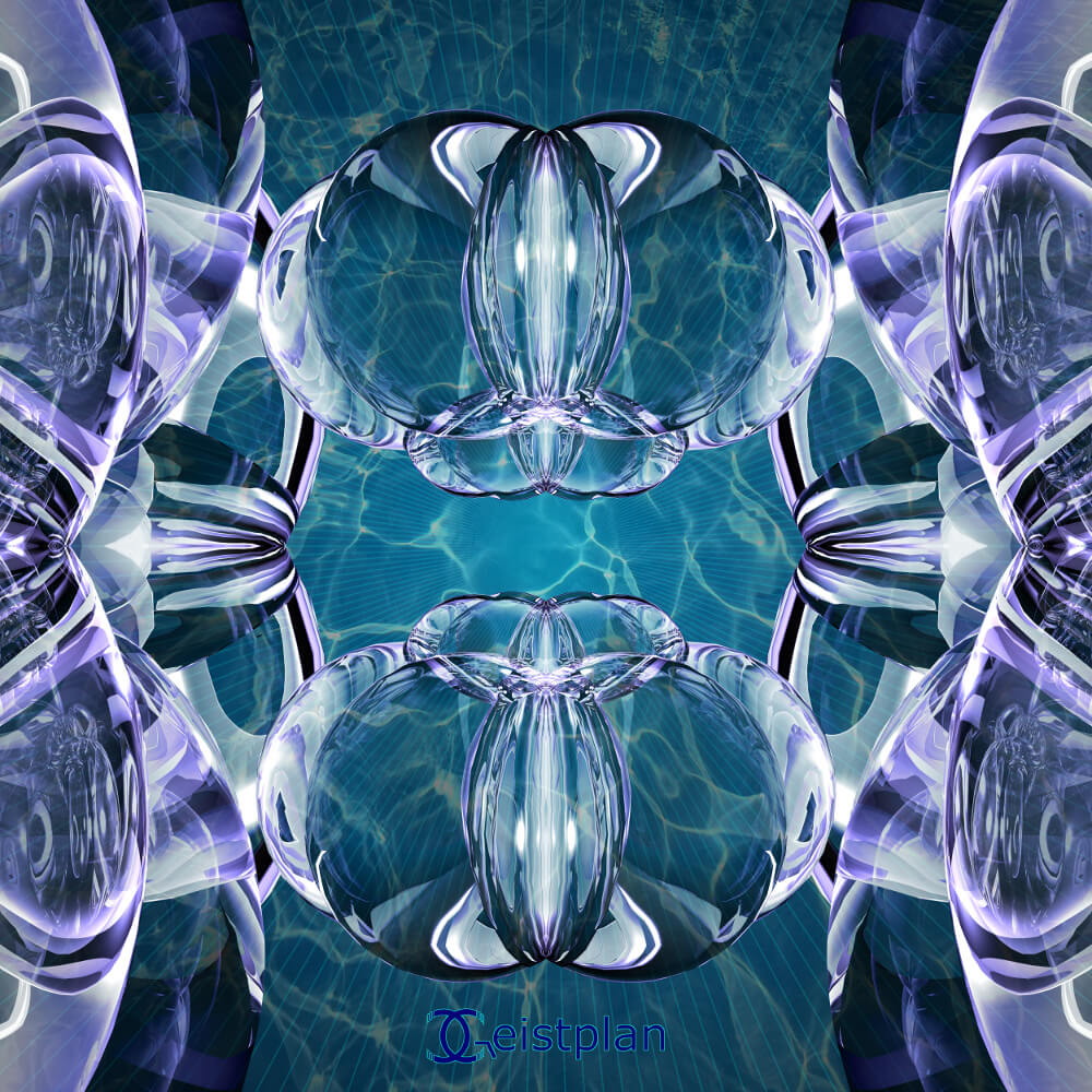 BIld von glaskugelähnlichen Konstrukten, die unter Wasser scheinen. Mandala oder Energiebild.