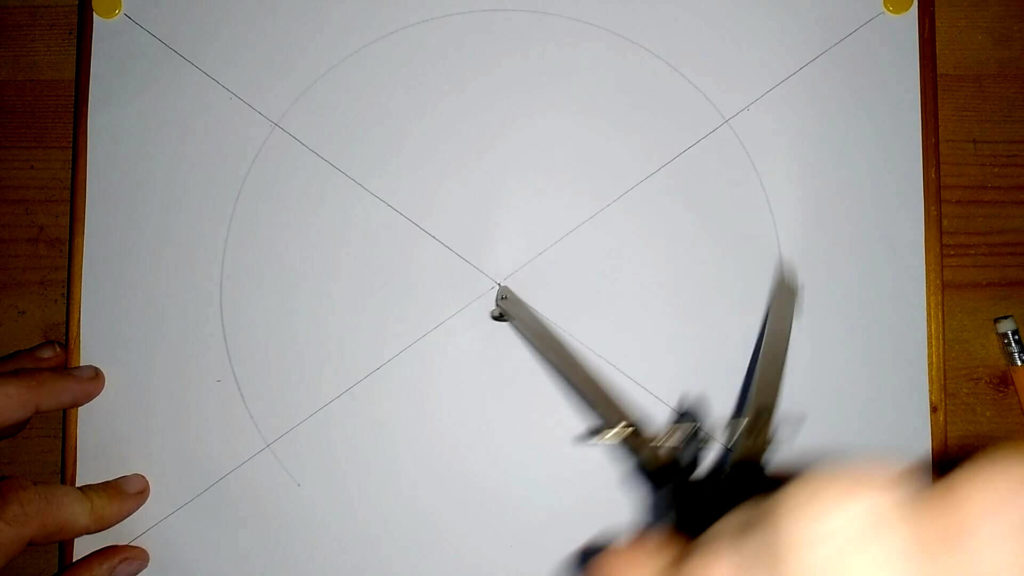 großer Kreis mit einem Radius von 10cm wird in der Mitte des Papiers gezogen.Yin Yang Symbol zeichnen