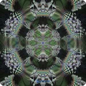 Bild von einem dreidimensionalem und filikranen Mandelbrot Muster. Farben: bunt, aber hauptsächlich grün