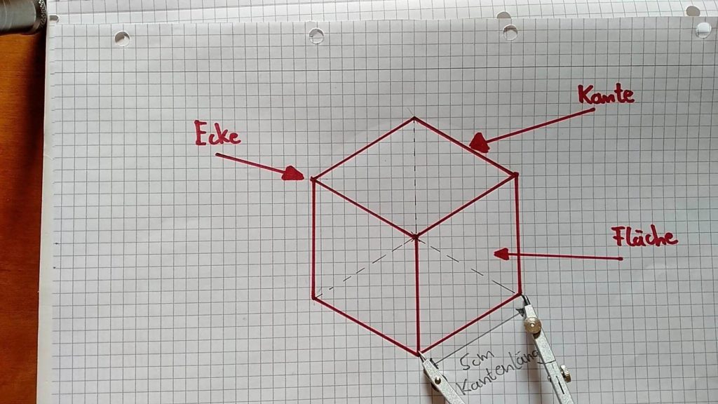 Bild zeigt einen gezeichneten Würfel, mit Ecken, Kanten und Flächen und einen Zirkel Anleitung: Einen Würfel zeichnen