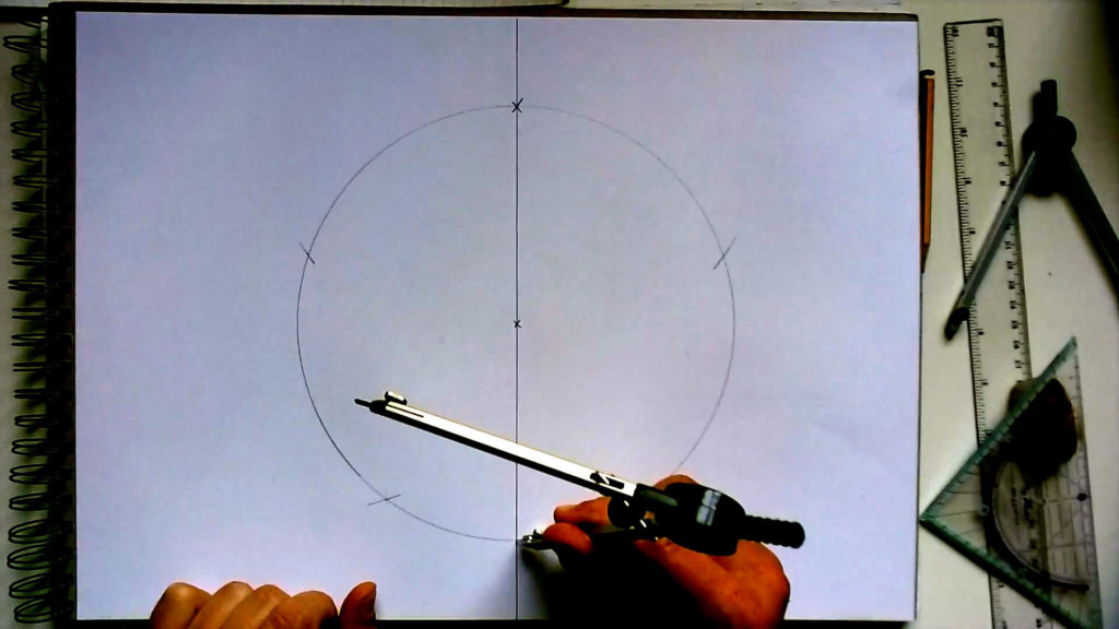 Bild von einem Kreis, der in fünf Teile an der Kreislinie markiert wurden. In die untere Kreishalbierung sticht ein Zirkel ein,