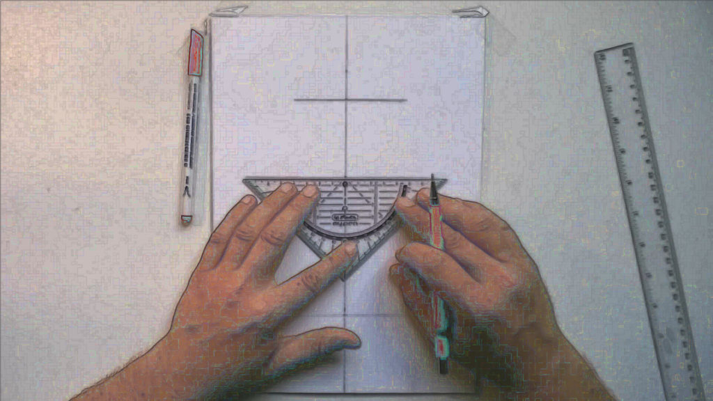 Bild mit einem DIN-A4 Papier mit drei Geraden, wobei an der mittleren Geraden ein Geodreieck ist zum messen.