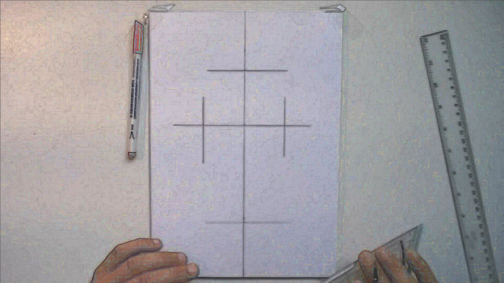 Zeichne zwei weitere Senkrechten ein, parallel zur Halbierenden bei 4,5cm Abstand zur Mitte. Anleitung - ein orthodoxes Kreuz zeichnen