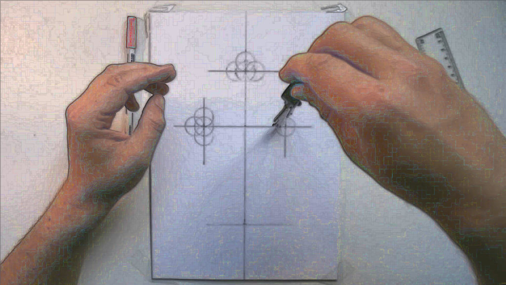 Mit dem Zirkel werden auf einen DIN A4 Papier mit Linien Kreise gezogen. Anleitung - ein orthodoxes Kreuz zeichnen