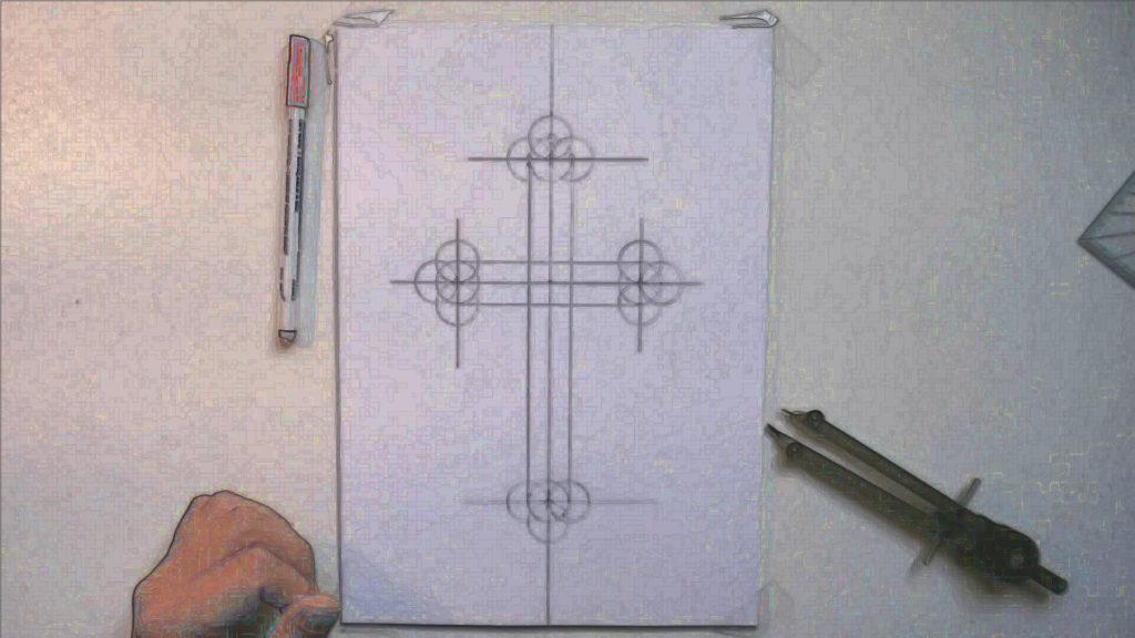 Bild von einen orthodoxen Kreuz auf einem DIN A4 Papier. Anleitung - ein orthodoxes Kreuz zeichnen