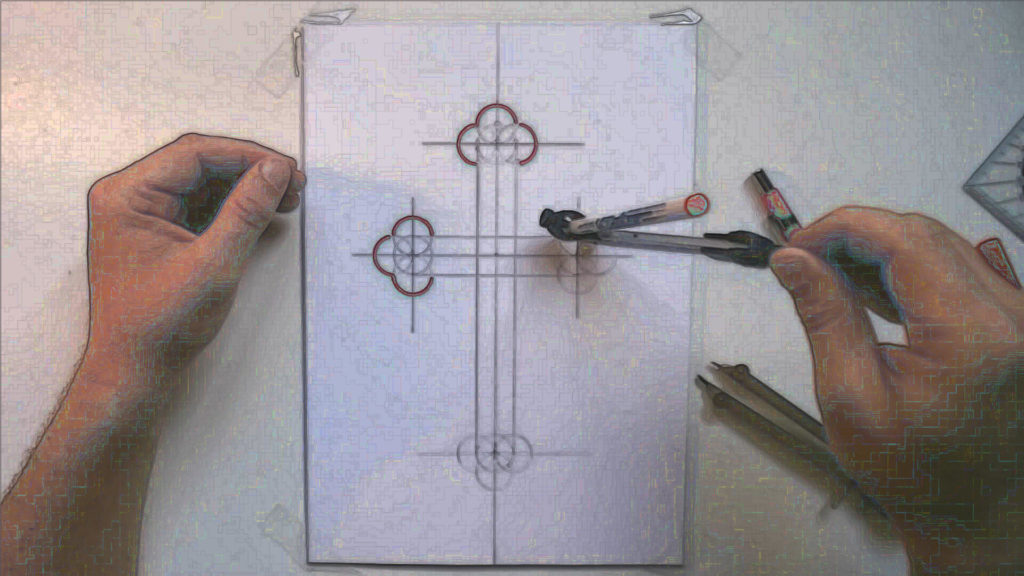 Bild von einem DIN A4 Papier mit einem orthodoxem Kreuz, welches mit einem Filzstift in einem Zirkel nachgezogen wird.