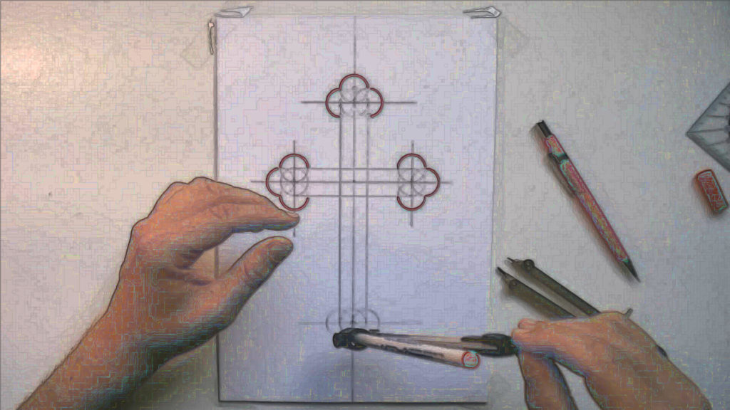 Bild von einem DIN A4 Papier mit einem orthodoxem Kreuz, welches mit einem Filzstift in einem Zirkel nachgezogen wird. Anleitung - ein orthodoxes Kreuz zeichnen