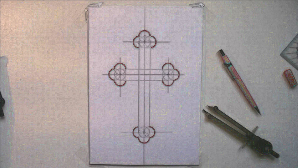 Bild von einem DIN A4 Papier mit einem orthodoxem Kreuz mit Hilfslinien. Anleitung - ein orthodoxes Kreuz zeichnen