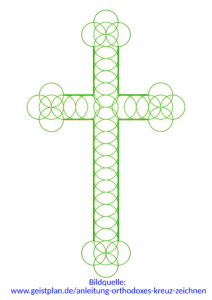 Bild zeigt wie das orthodoxe Kreuz mit der Blume des Lebens konstruierbar ist. Anleitung - ein orthodoxes Kreuz zeichnen
