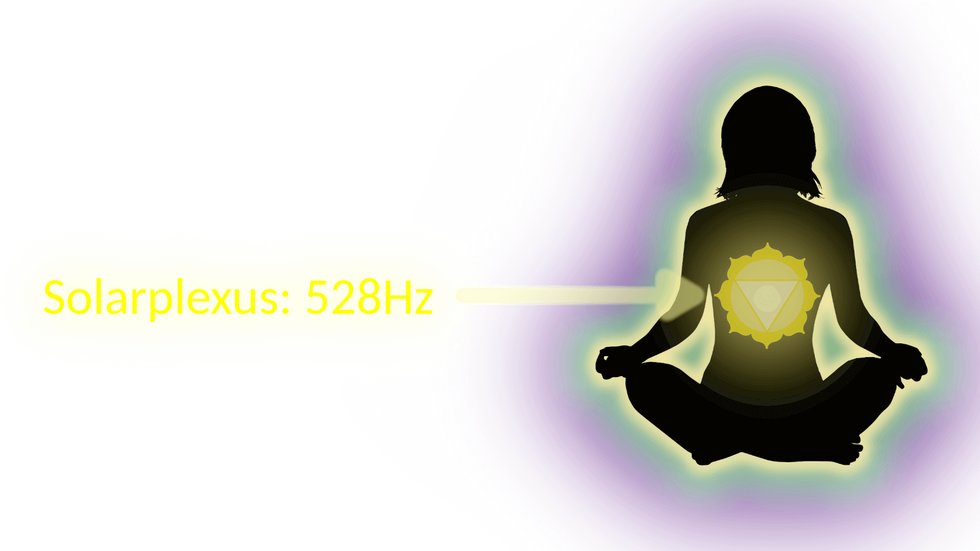 Bild von einer Frau, die meditiert, eine gelbe Markierung zeigt, wo das Solarplexus Chakra (528Hz) ist. Solfeggio Frequenzen