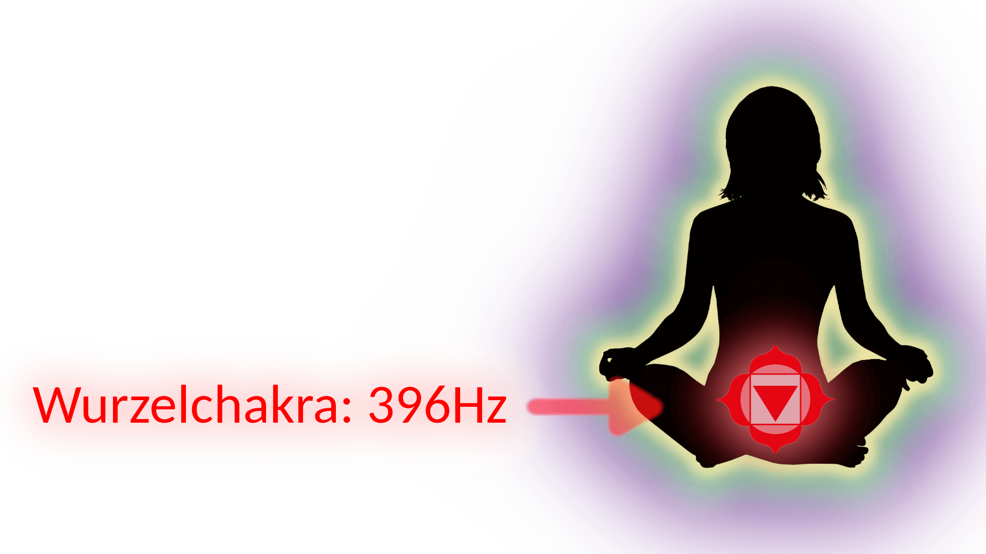 Bild von einer Frau, die meditiert, eine rote Markierung zeigt, wo das Wurzelchakra ist (396Hz) Solfeggio Frequenzen