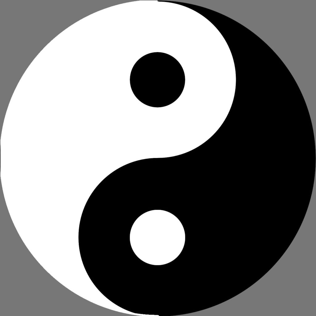 Das Yin Yang (Runde helle und dunkle Flächen, welche ineinander geflochten sind). Die Bedeutung des Yin Yangs