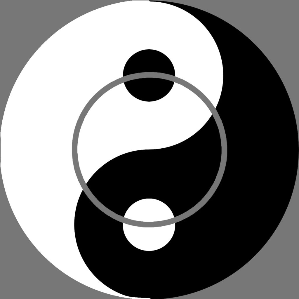 Das Yin Yang (Runde helle und dunkle Flächen, welche ineinander geflochten sind) mit einem verbindenden Ring. Dieser Ring stammt aus der Saat des Lebens. Die Bedeutung des Yin Yangs